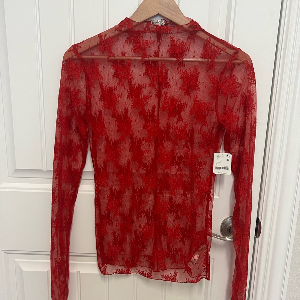 Free People Red Sheer lace blouse NWT